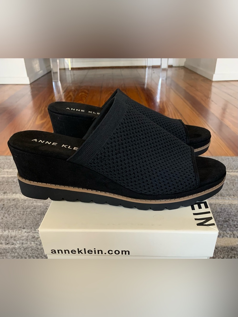 New Anne Klein Black Knit Wedge Slip On Sandals Size 8.5